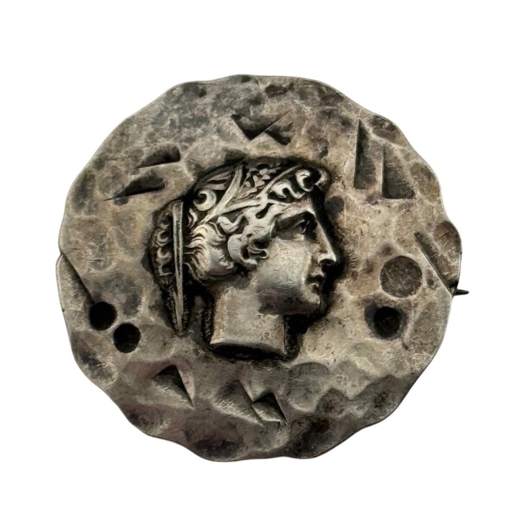 Antique Sterling Silver Brooch Pin Ancient Greek Roman Profile Head